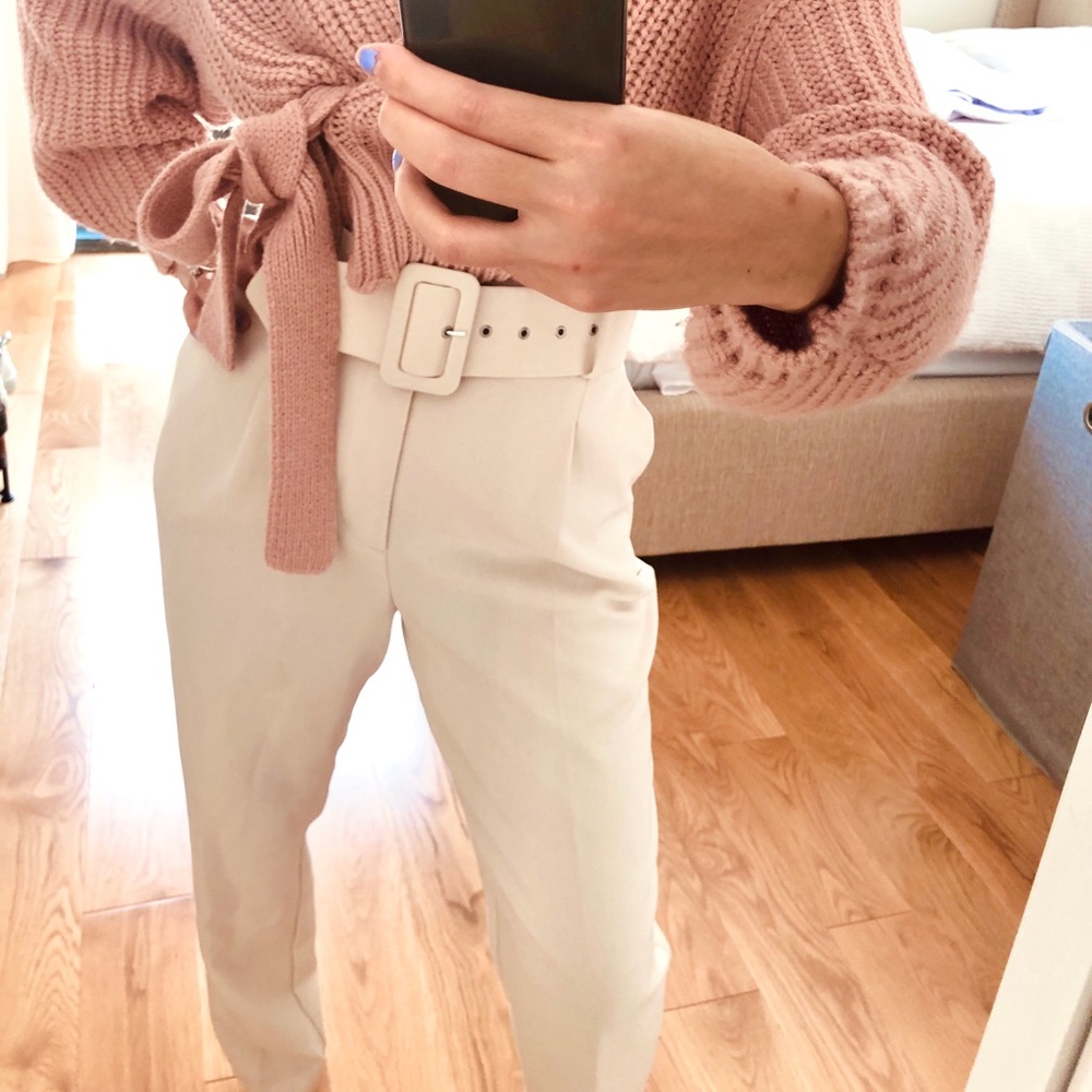 NWOT Zara High Waisted Belted Cream White Pants - Picture 8 of 11